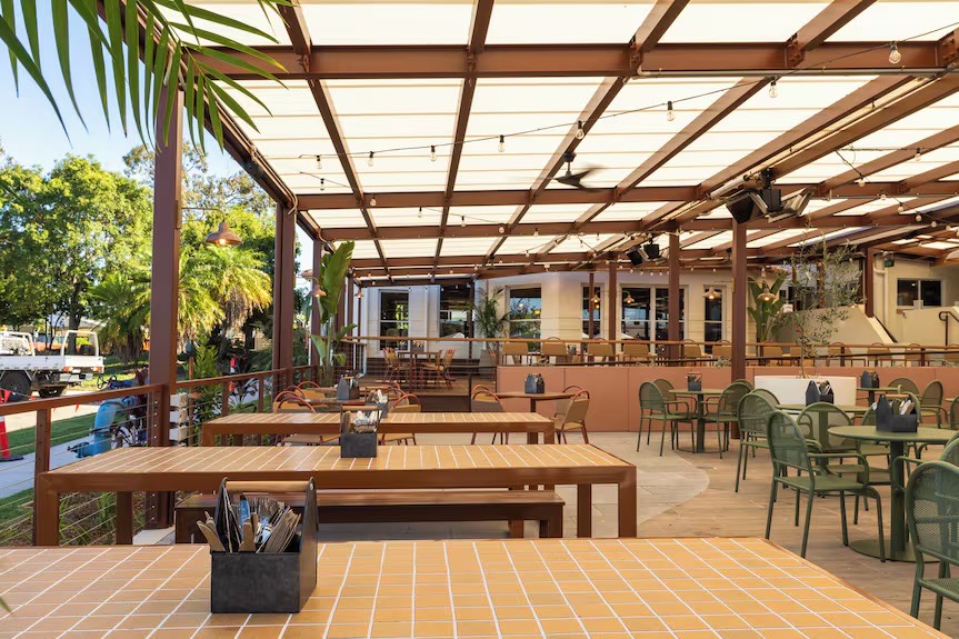 The covered beer garden at the Royal Mail Hotel, Tewantin